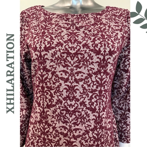 🛍️3/$40 Xhilaration Burgundy Jacquard Knit Dress 3/4 Sleeve Damask Print Large - Picture 5 of 7